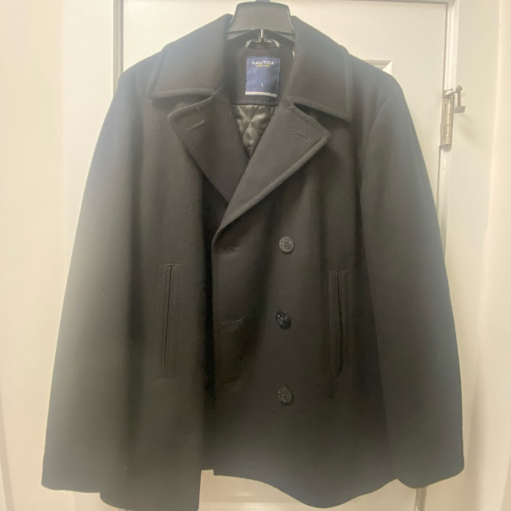 Men’s Black Wool-Blend, Double Breasted Nautica Peacoat, Large